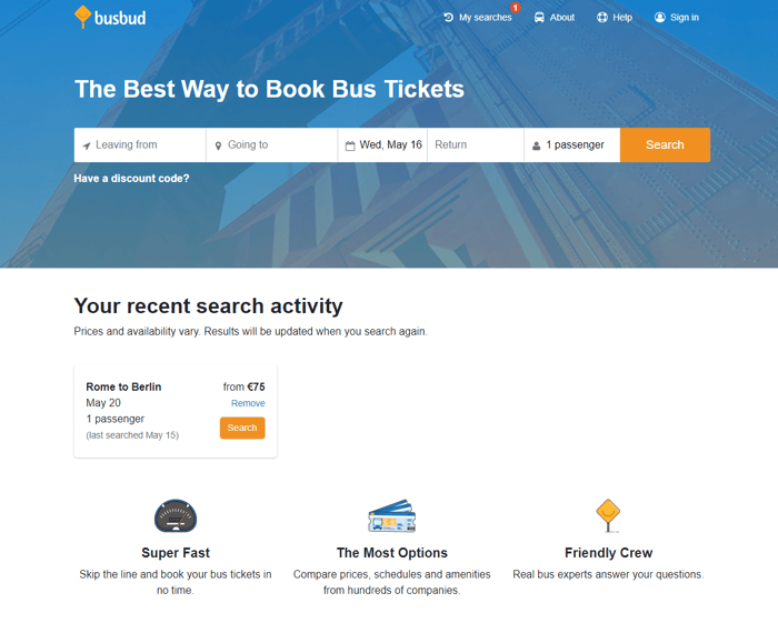 Busbud bus OTA homepage search engine