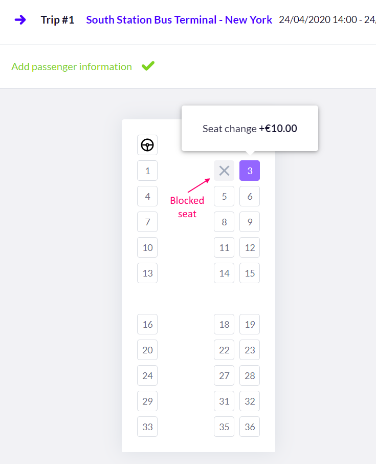 Turnit's seat layout with ability to block adjacent seat